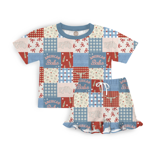 FOURTH OF JULY | short sleeve shirt with ruffle shorts set | TAT LATE MAY